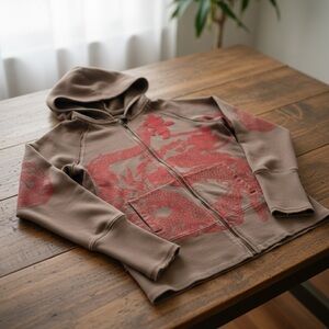 Vintage Calvin Klein Dragon Hoodie Brown Zip Up Kanji Large Grunge Cyber Y2K